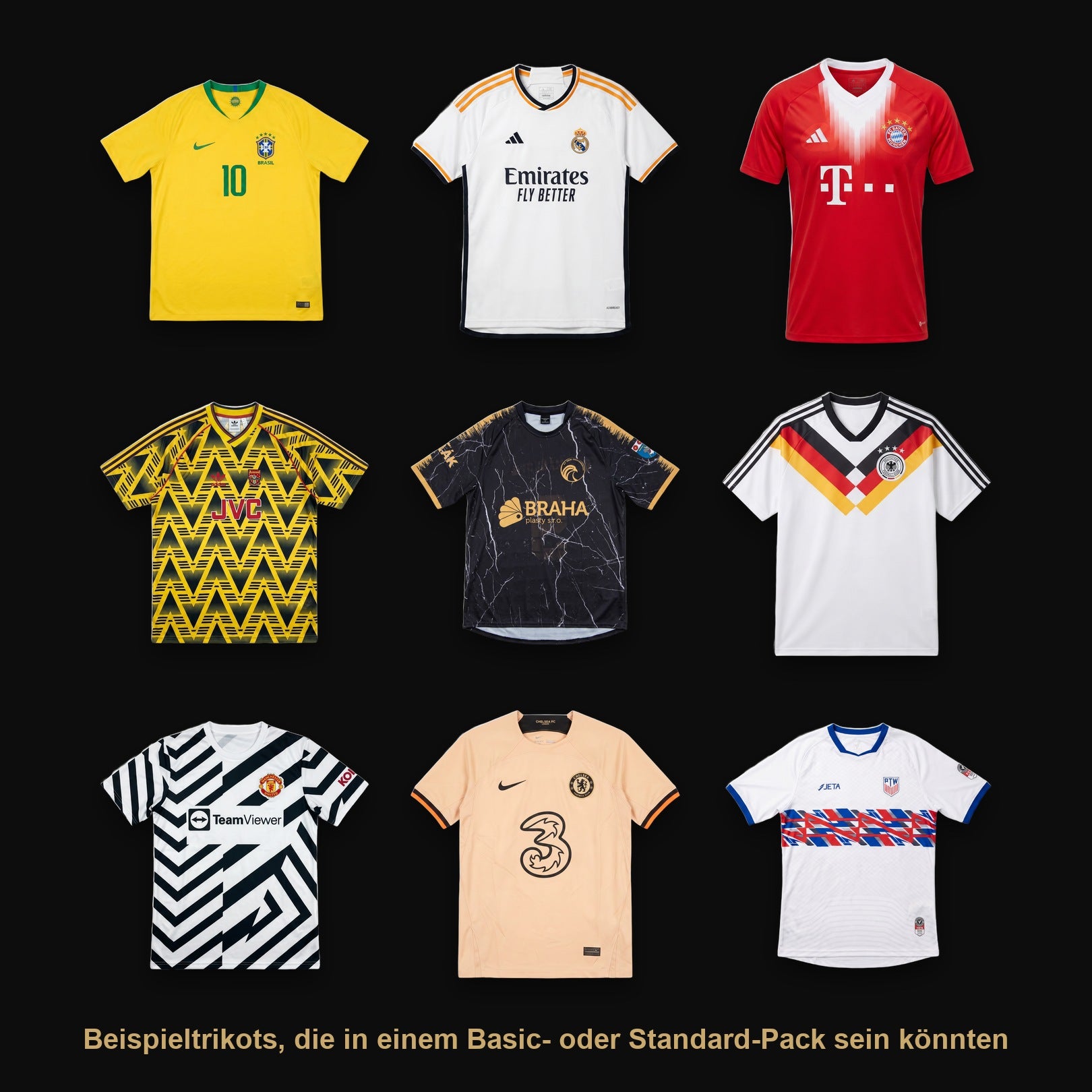 Neun originale Fußball-Trikots von vorne — Beispieltrikots, die in einem Basic- oder Standard-Pack sein könnten