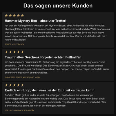 Kundenbewertungen Authentiks – 5 Sterne für Trikot Mystery Box, signiertes Trikot mit COA und Echtheitsgarantie