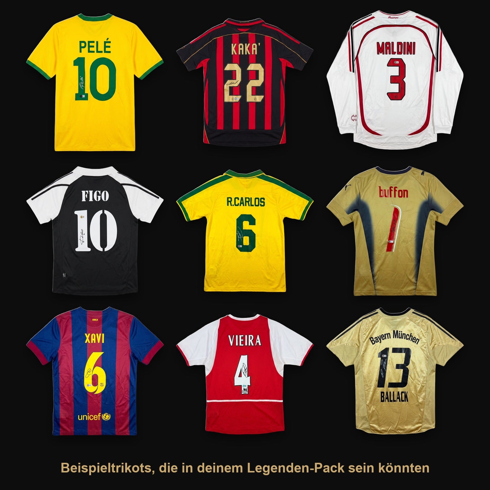 Neun echte signierte Legenden-Trikots — Beispieltrikots, die in deinem Legenden-Pack sein könnten